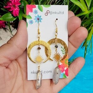 🆕️Boho Chic Celestial Amber Quartz Goddess Sun Crescent Moon Drop Earrings 🌙✨